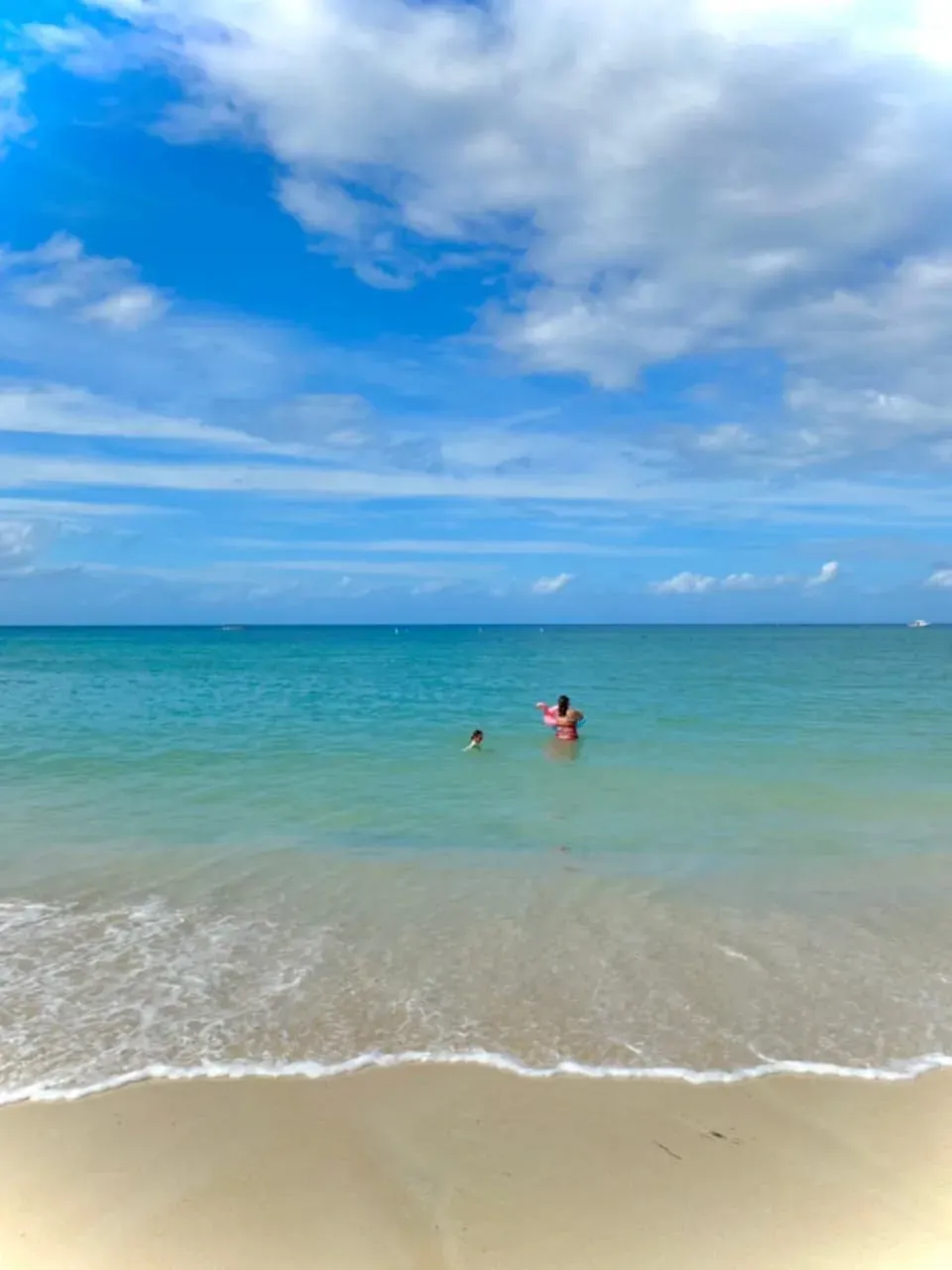 A couple of people are swimming in the ocean on a beach.