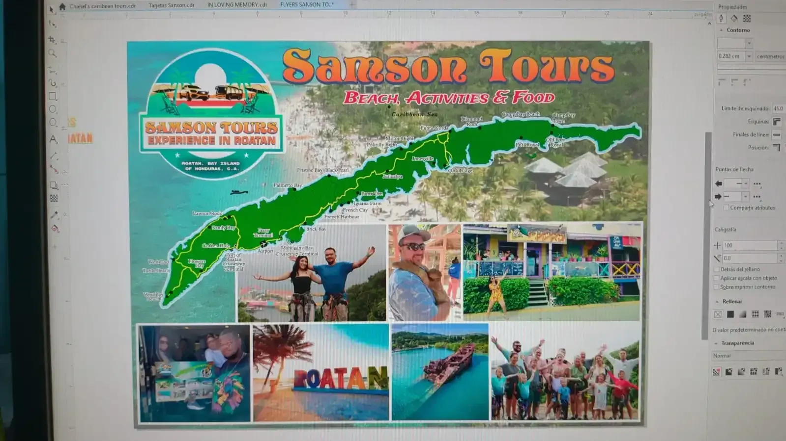 Una pantalla de computadora muestra un cartel de Samson Tours