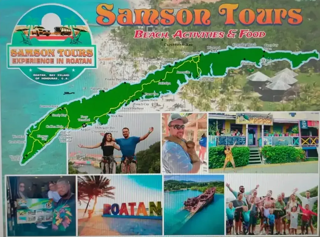 Map of Roatan with Samson Tours logo and photos of activities.
