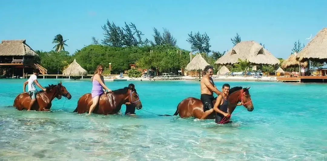 A group of people are riding horses in the ocean.