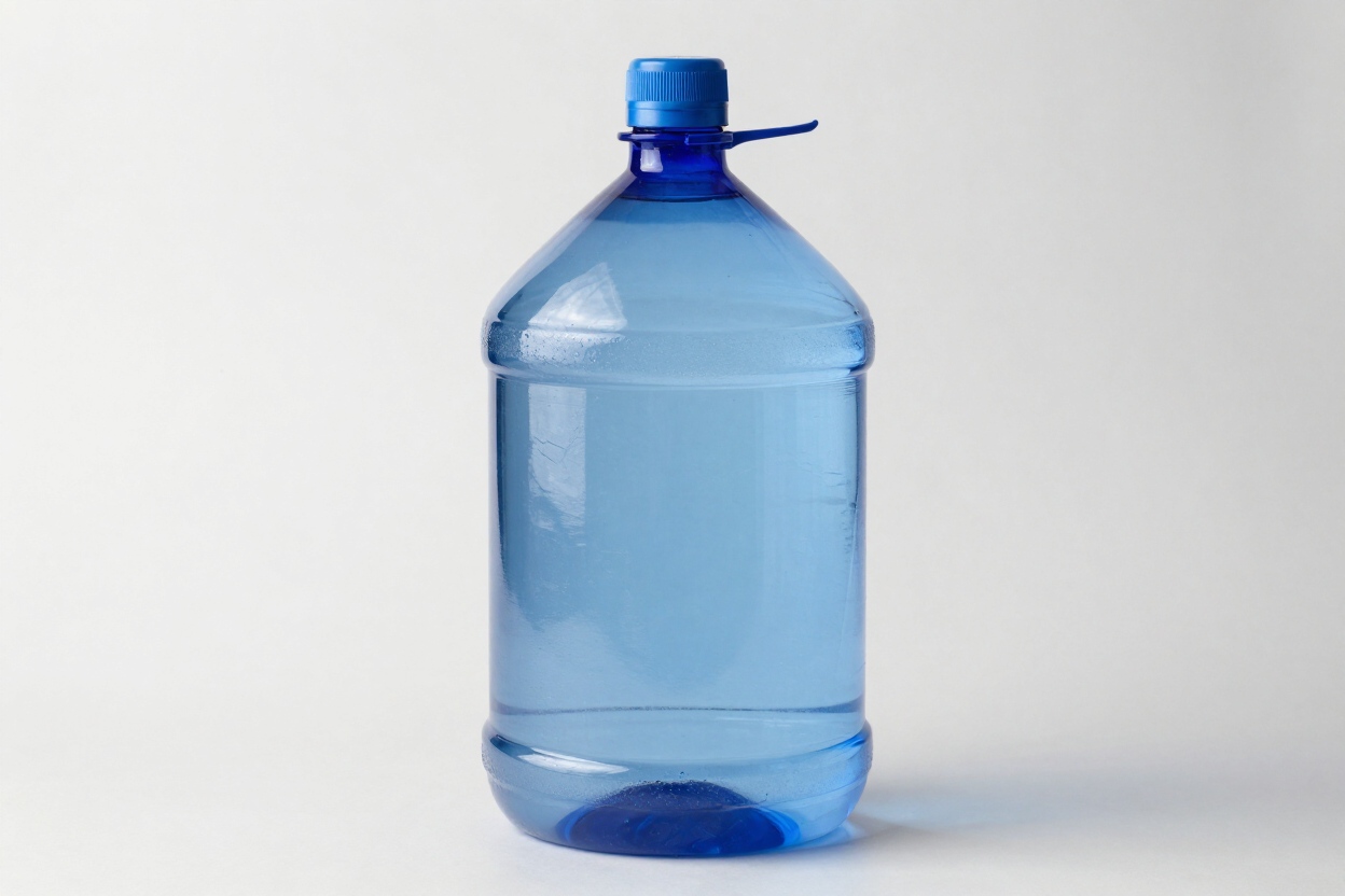 Jarra de agua de plástico azul sobre un fondo blanco liso