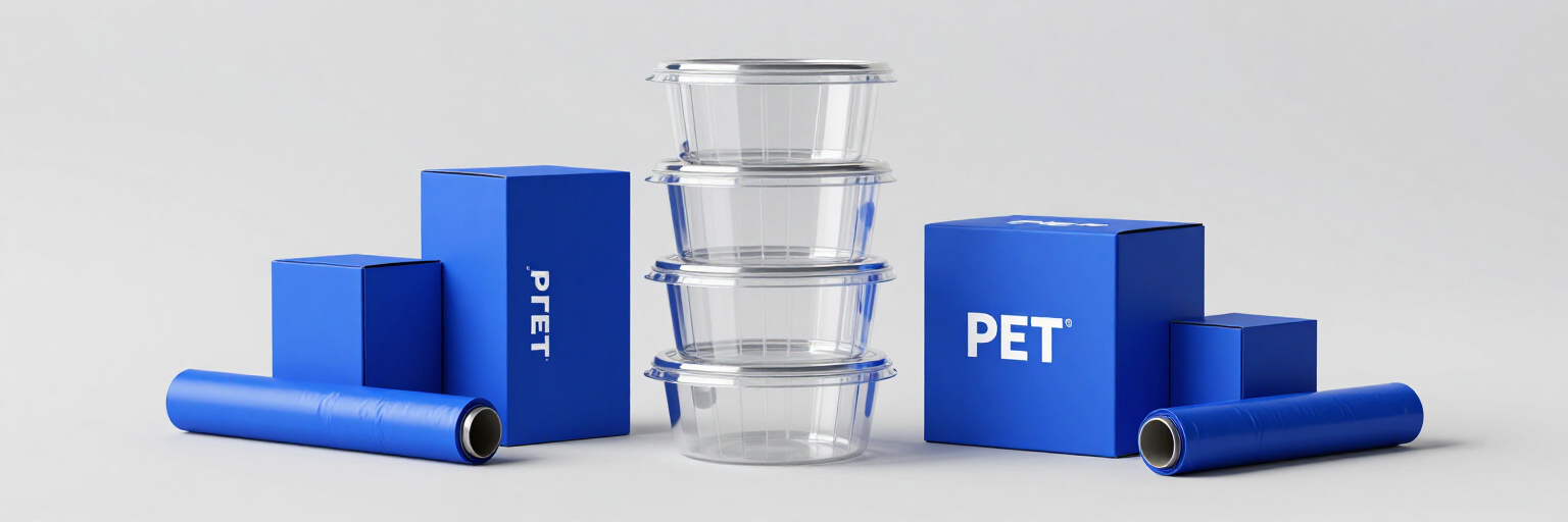 Contenedores de PET azules y vasos de plástico transparente apilados sobre un fondo blanco.