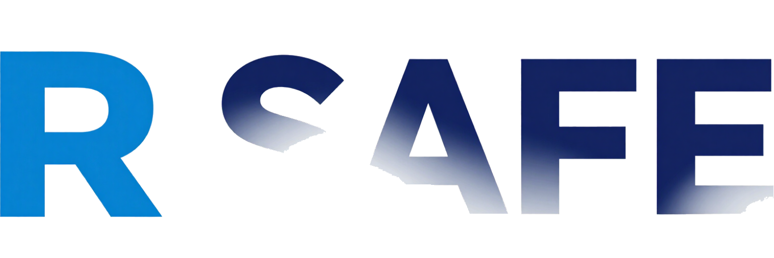 Logotipo “SAFE” azul y plateado con una “S” estilizada y una letra parcial a la izquierda.