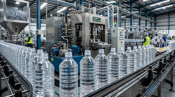 Botellas de agua de plástico en una cinta transportadora en una fábrica de embotellado.