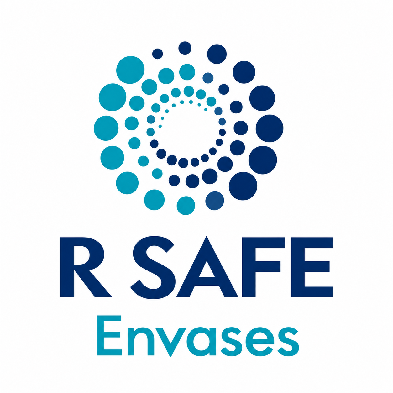 Logotipo de R SAFE Envases con icono circular punteado azul sobre texto azul marino y verde azulado