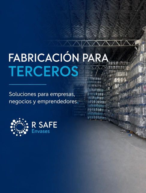Texto promocional de “Fabricación para terceros” sobre almacén industrial azul oscuro de R Safe Envases