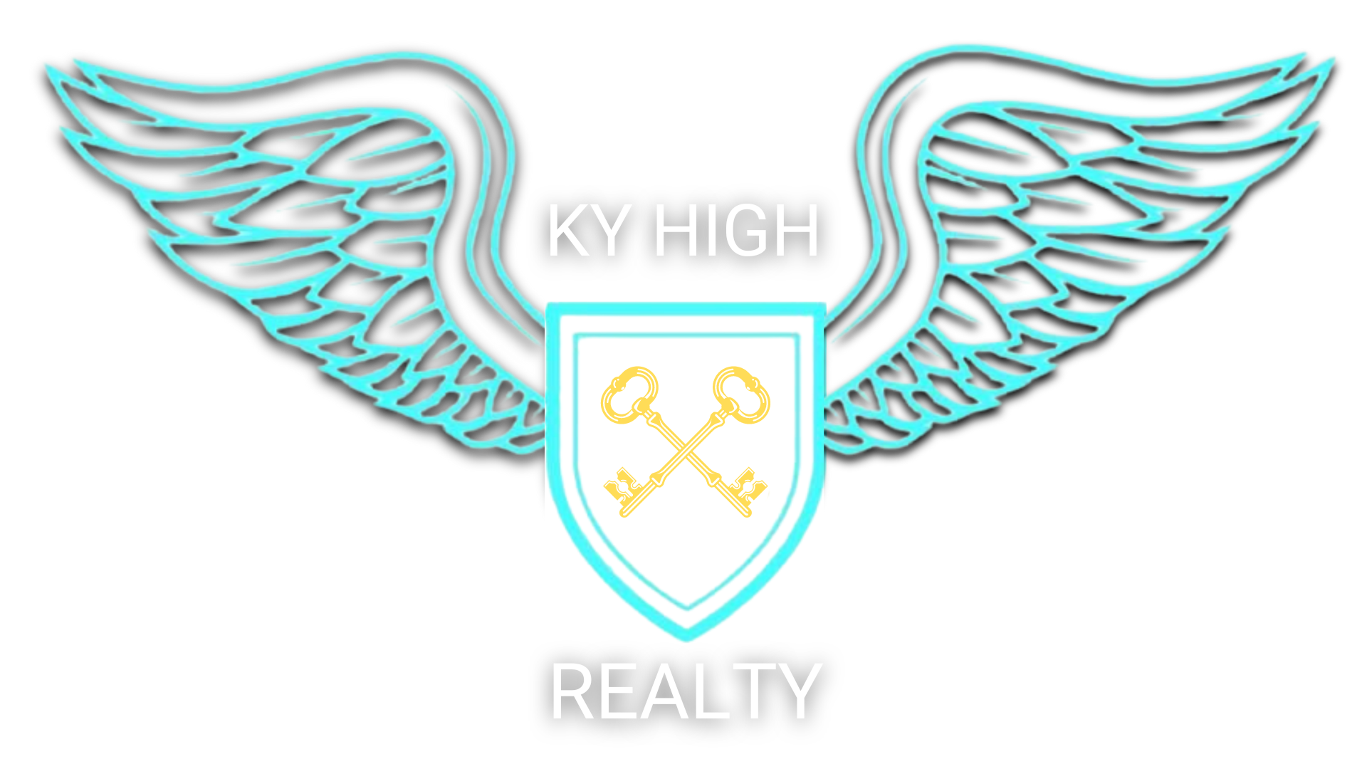The logo for ky high realty has wings and a shield with keys on it.