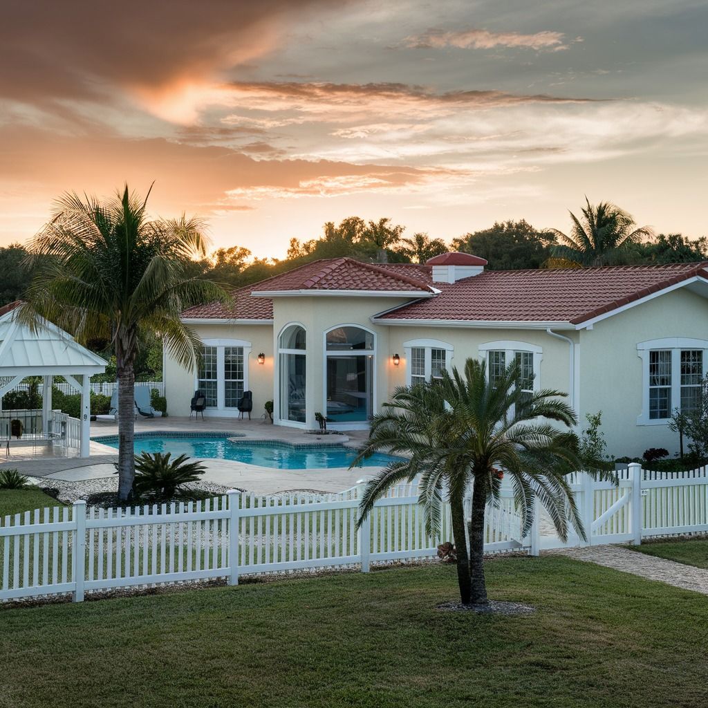 A white house with a pool and a white picket fence