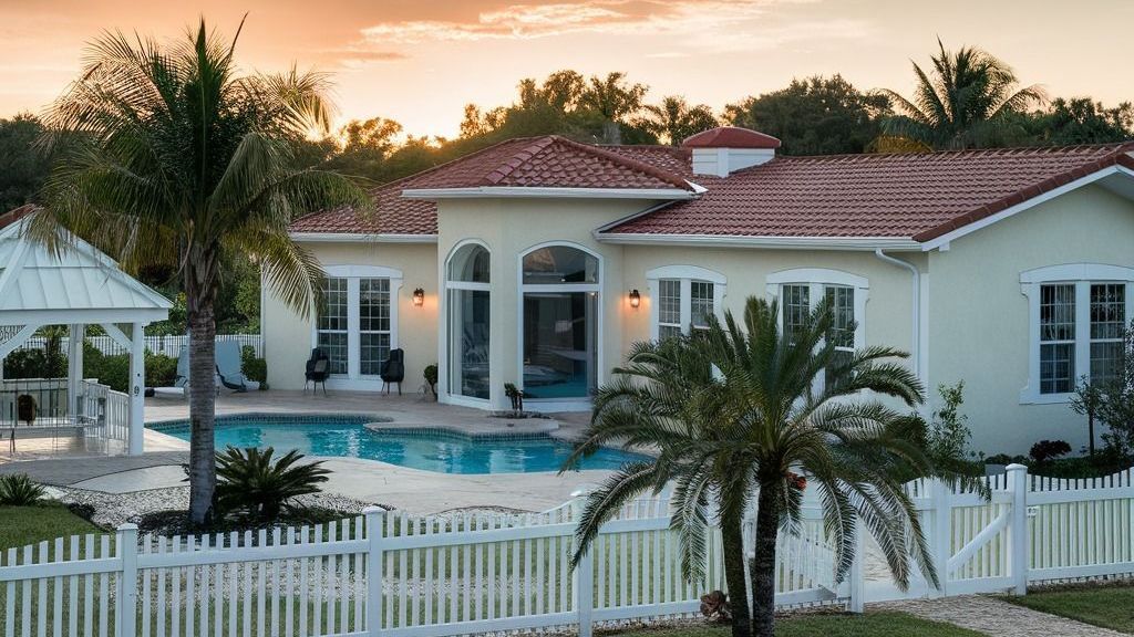 A large house with a white picket fence and a swimming pool