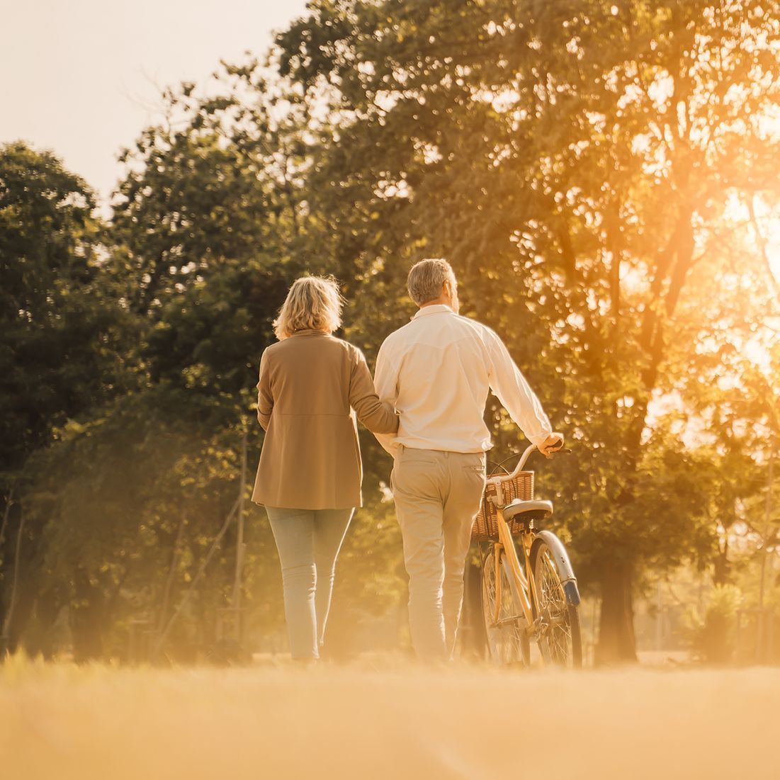 An older couple walks arm-in-arm through a park at sunset, accompanied by a bicycle.
