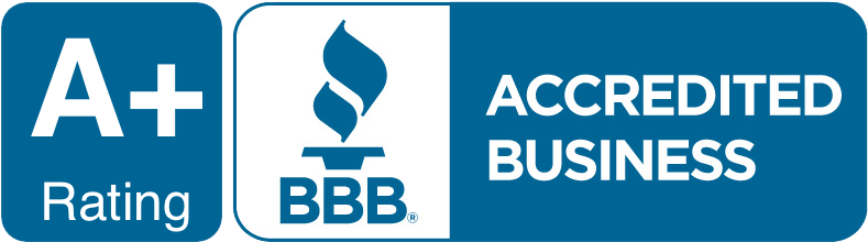 A blue sign that says a+ rating and accredited business
