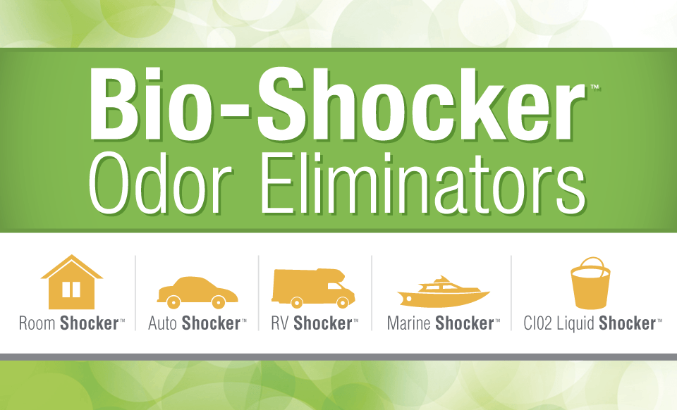 A green banner advertising bio-shocker odor eliminators