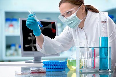 A female scientist is looking at a test tube in a laboratory.