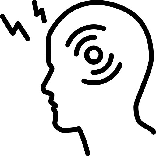 A line drawing of a person 's head with lightning bolts coming out of it.