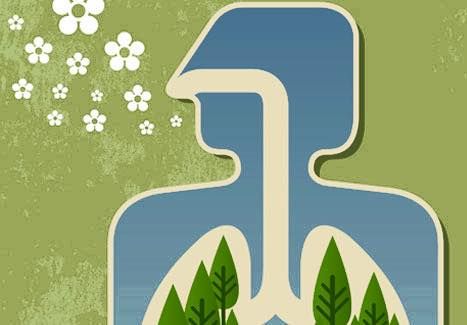 An illustration of a person 's lungs surrounded by trees and flowers.