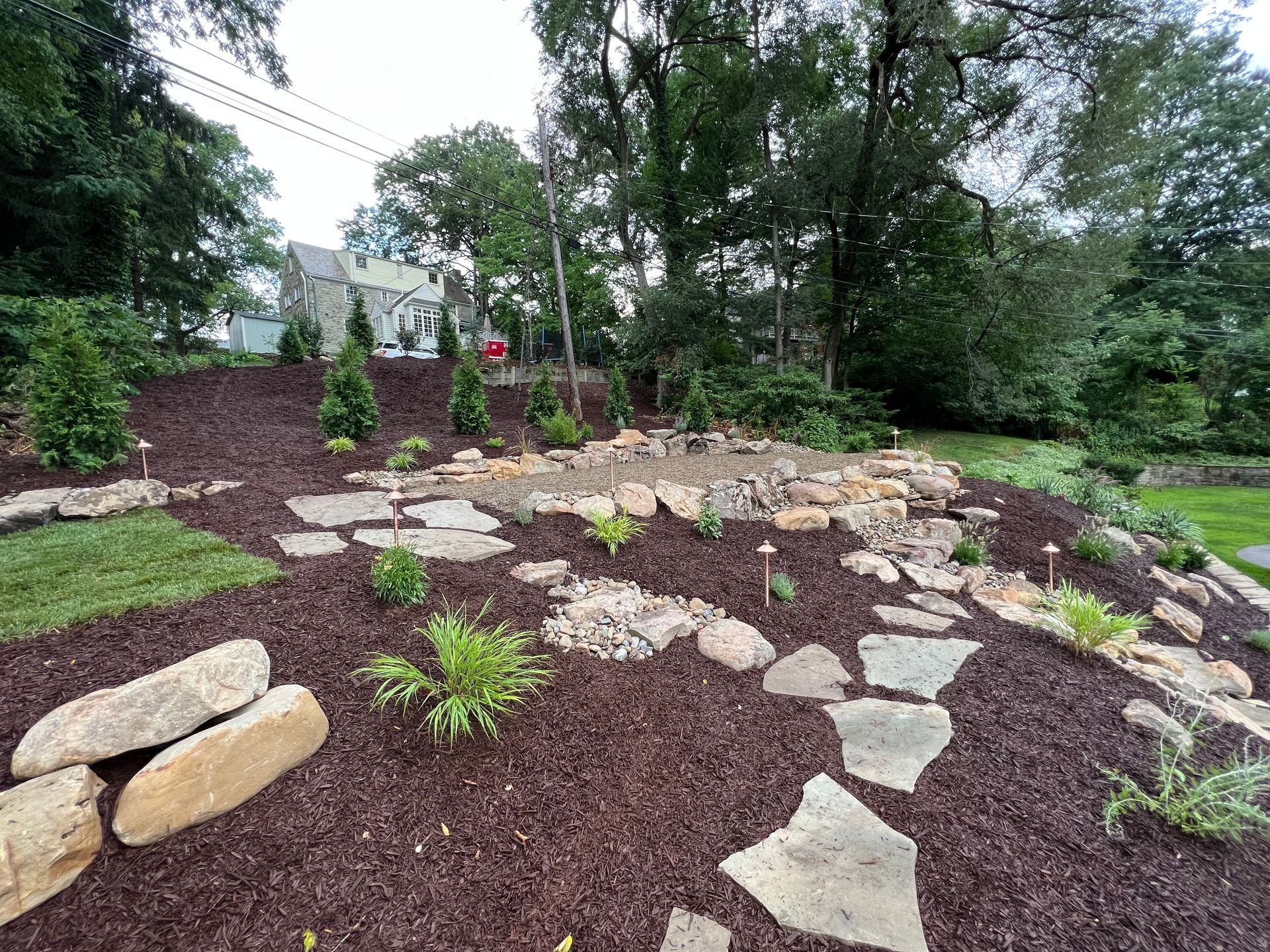 garden beds with stone walkway