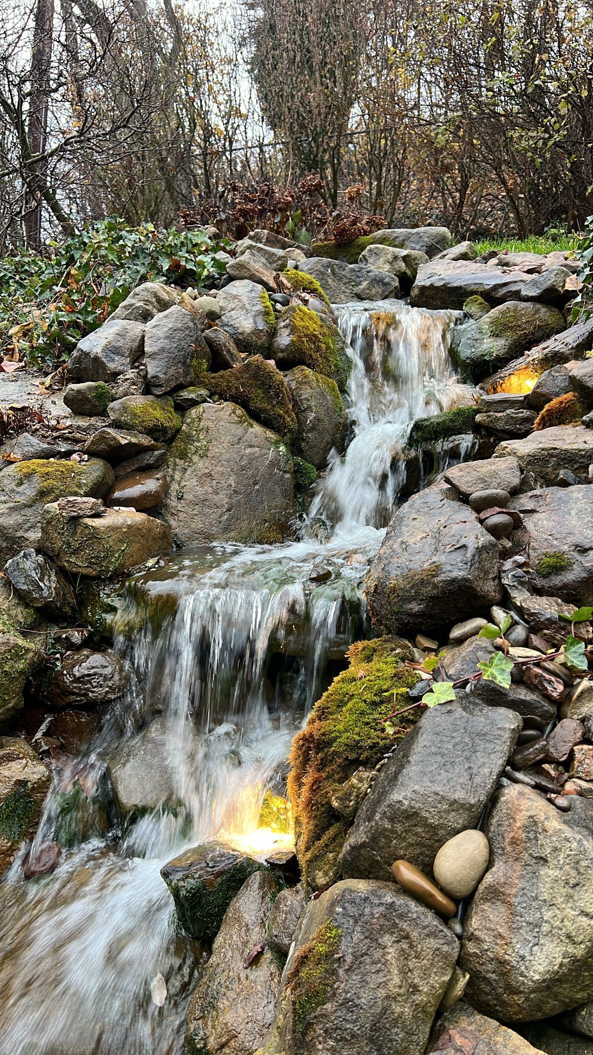 Small waterfall cascading over mossy rocks in a wooded garden.