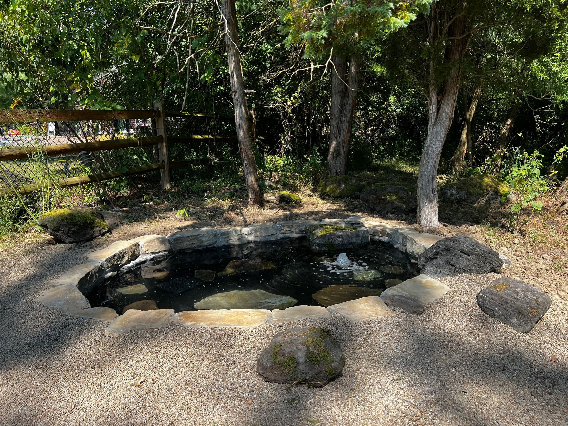 Stone-ringed pond in a wooded yard with trees and rocks around it