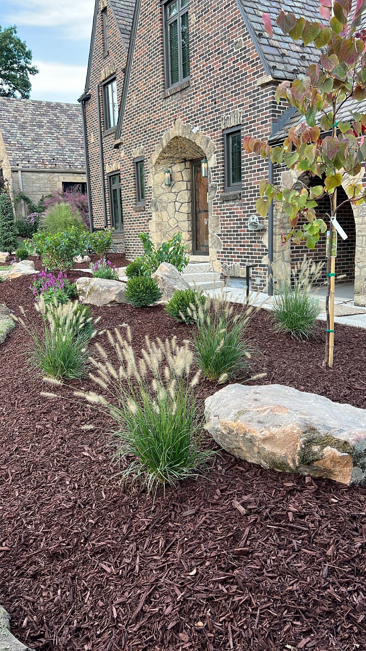 Stone house garden with mulch beds, shrubs, a young tree, and a large rock by an arched doorway.