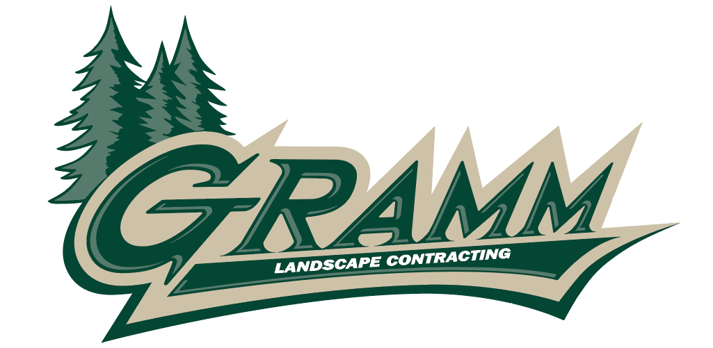 GRAMM Landscape Contracting logo with green pine trees and a tan-green wordmark