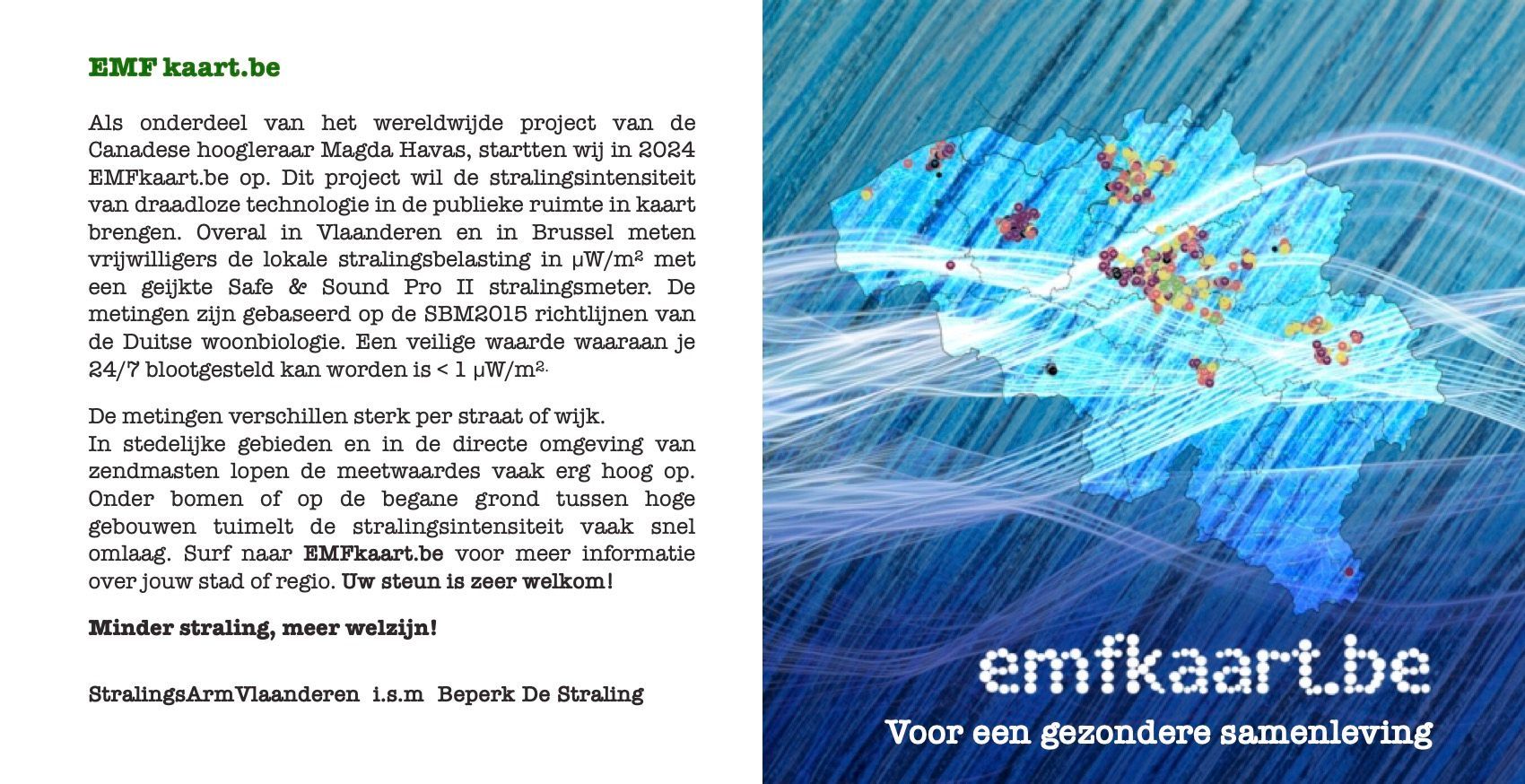 Er wordt een brochure van emfkaart.be getoond met een foto van een regenbui.