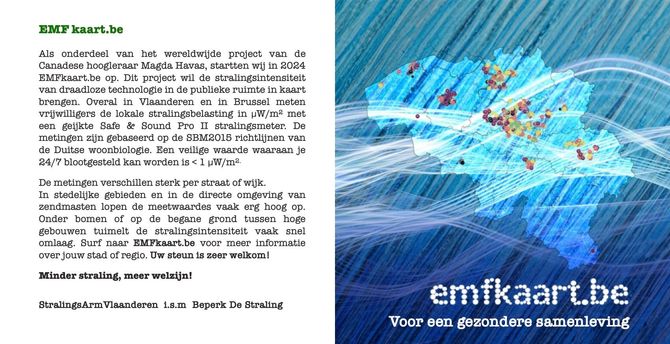 Er wordt een brochure van emfkaart.be getoond met een foto van een regenbui.