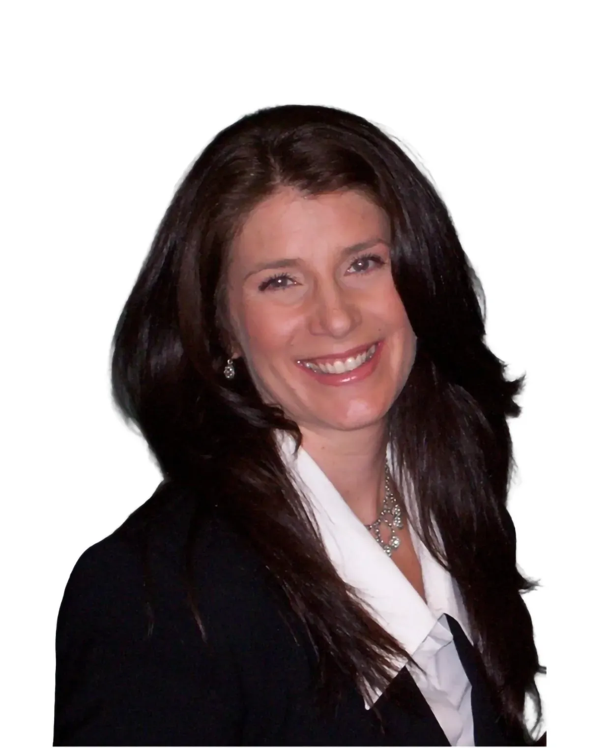 A woman in a black jacket and white shirt smiles for the camera