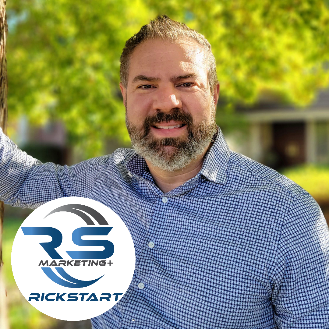 a man in a plaid shirt is standing next to a tree with a Rickstart Marketing logo in the background