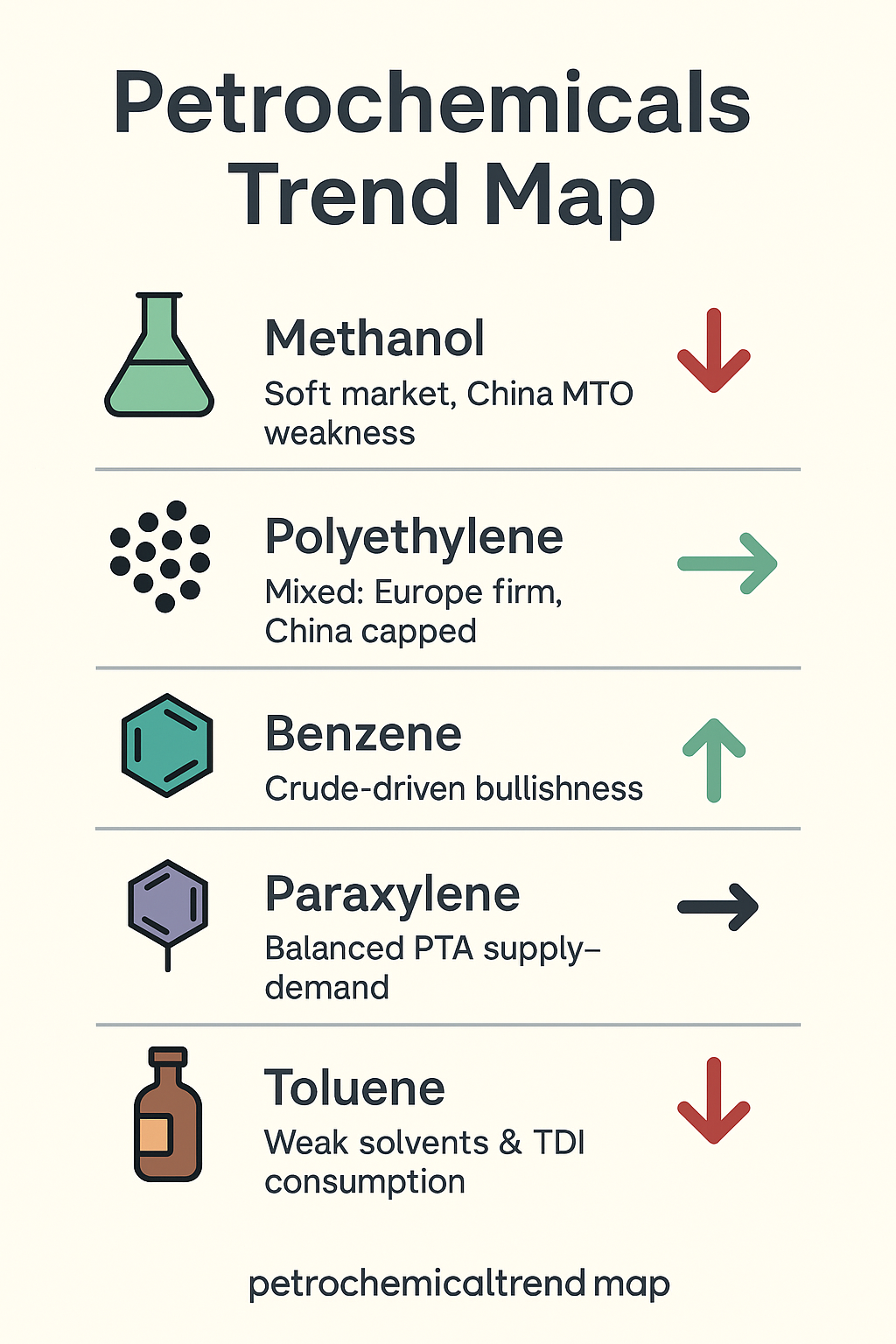Petrochemicals trend map shows methanol, toluene down; benzene up; polyethylene, paraxylene stable.