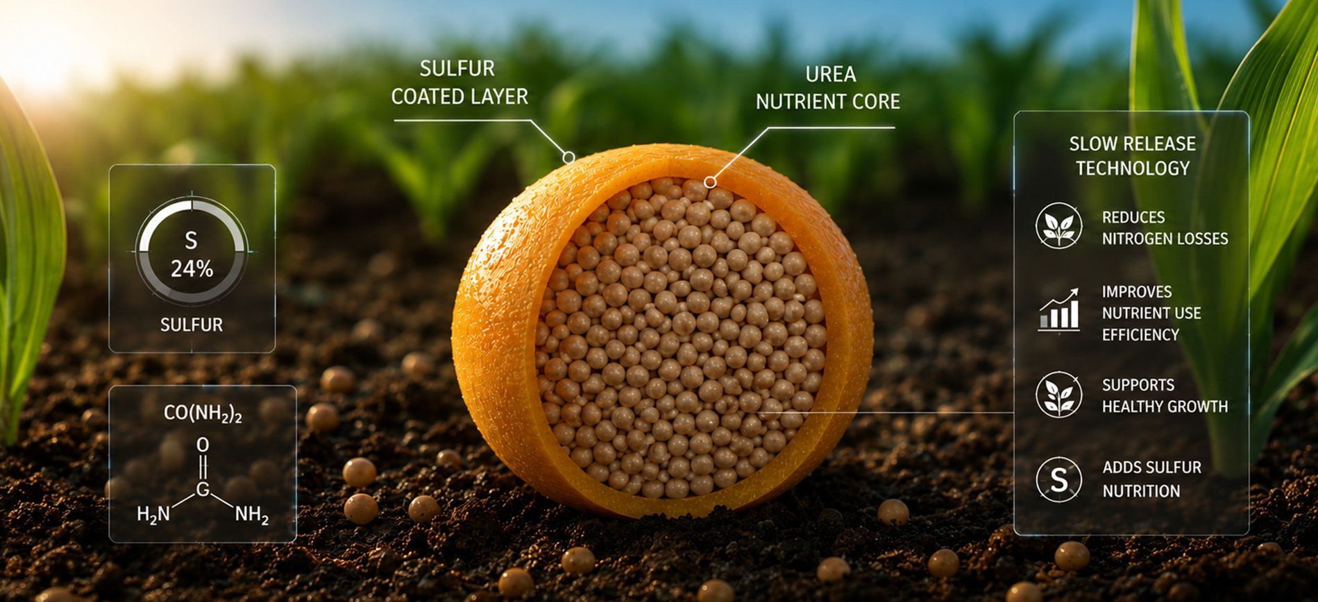 Sulfur-coated urea granules provide controlled nitrogen release for improved crop nutrition.