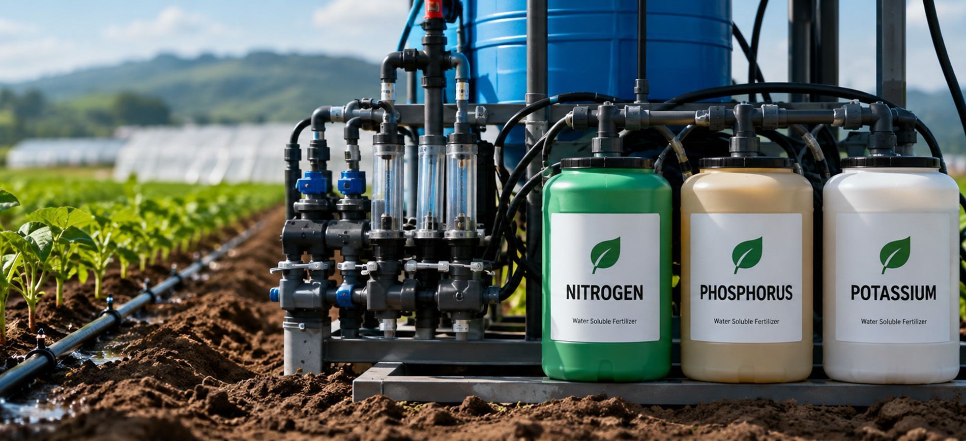 Fertigation system applying nutrients through drip irrigation.