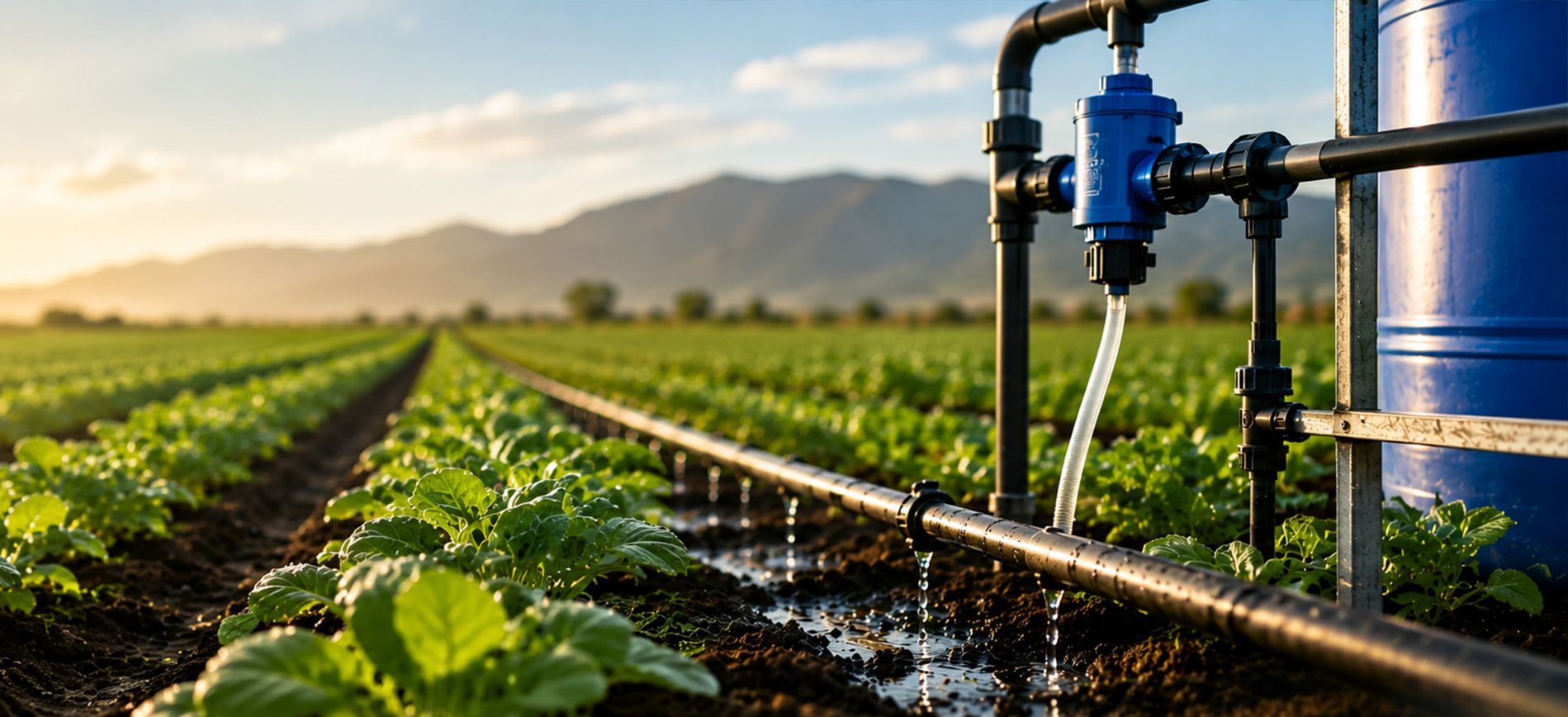 Fertigation delivering nutrients through drip irrigation.