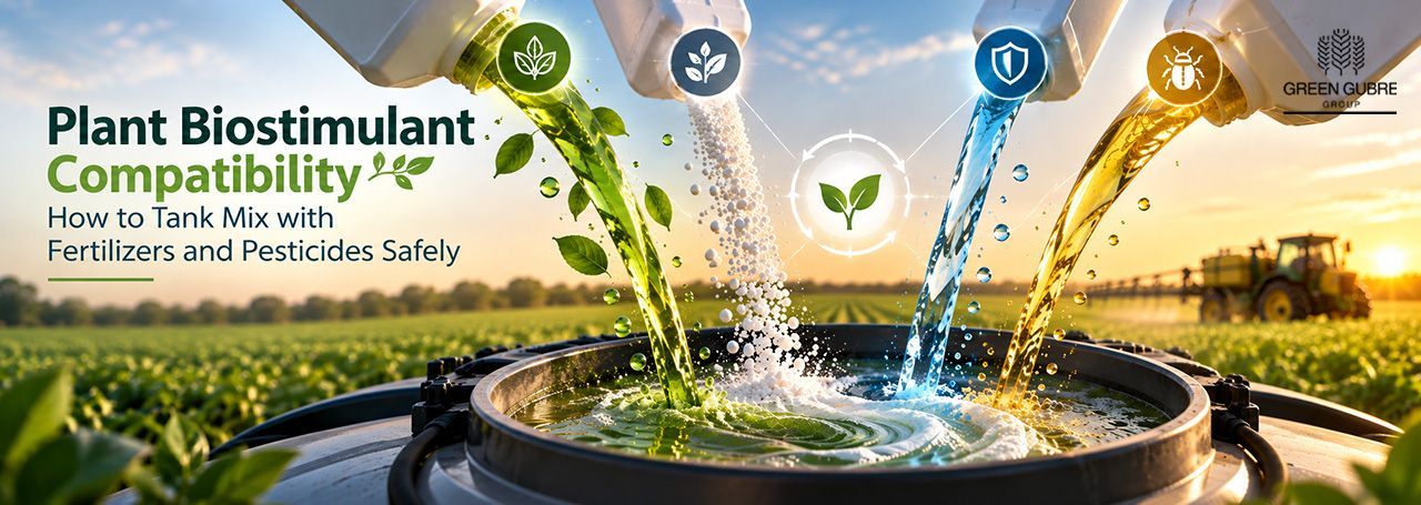 Plant biostimulant tank mixing with fertilizers and pesticides while checking water quality and compatibility