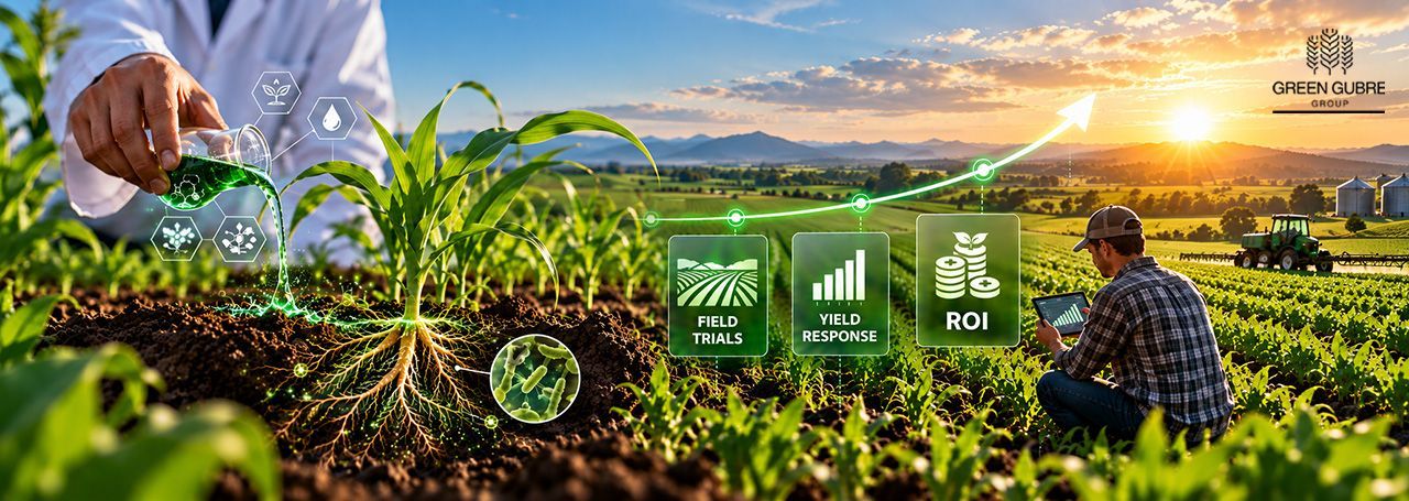 Plant bio stimulant field trial comparing treated and control crop plots for yield, quality, and ROI