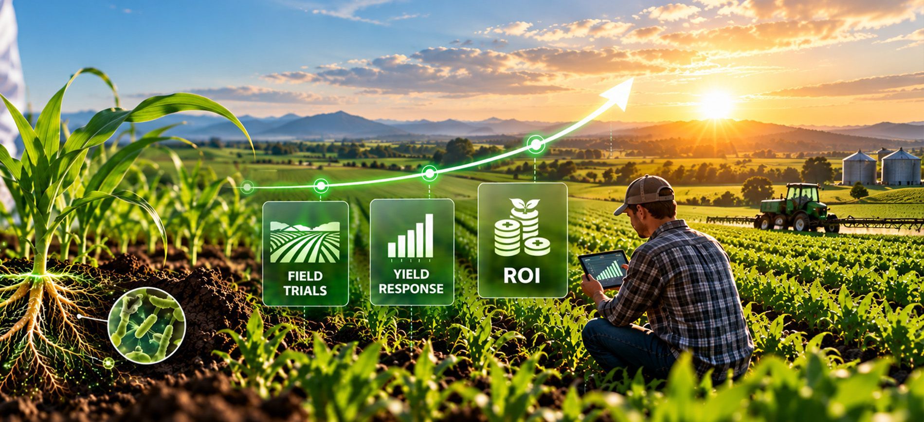 Biostimulant field trials measuring crop response, yield, quality, treatment cost, and ROI