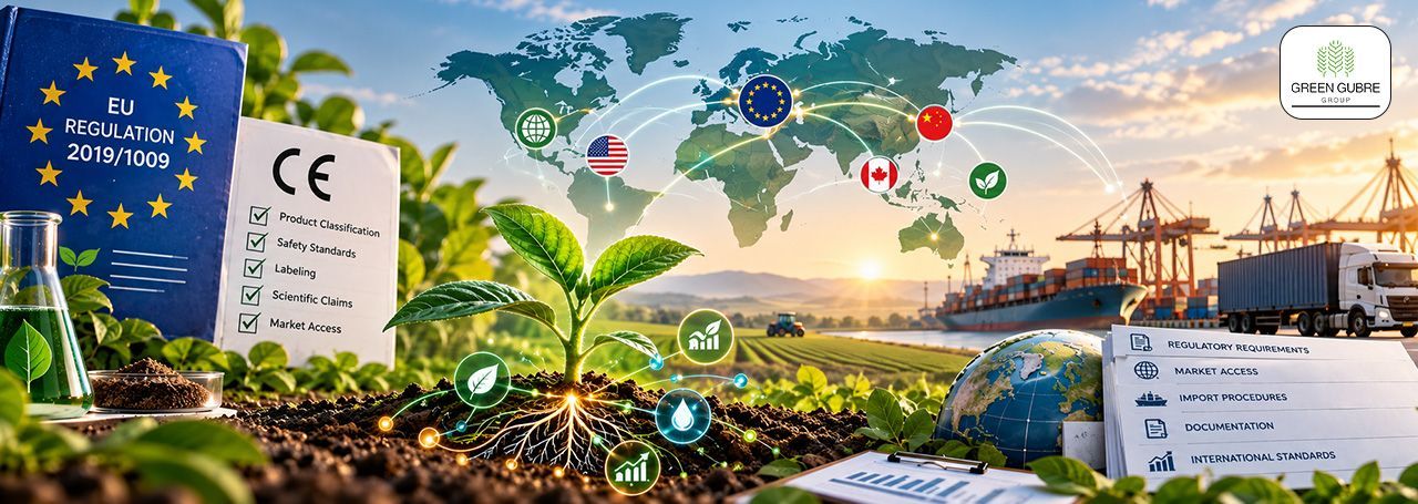 Plant biostimulant regulatory compliance showing EU CE marking, product documentation, labeling, and international market access
