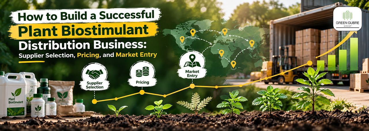 Plant biostimulant distribution business showing supplier evaluation, agricultural logistics, pricing, and market development