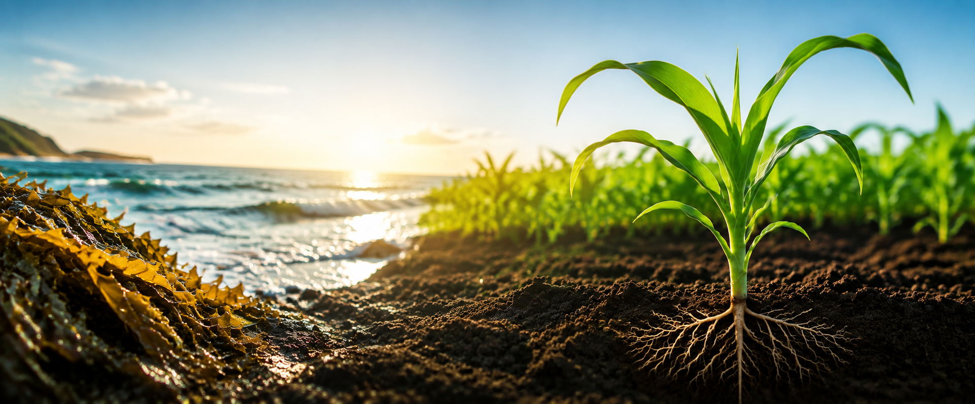 Seaweed biostimulant supporting crop growth and stress tolerance.