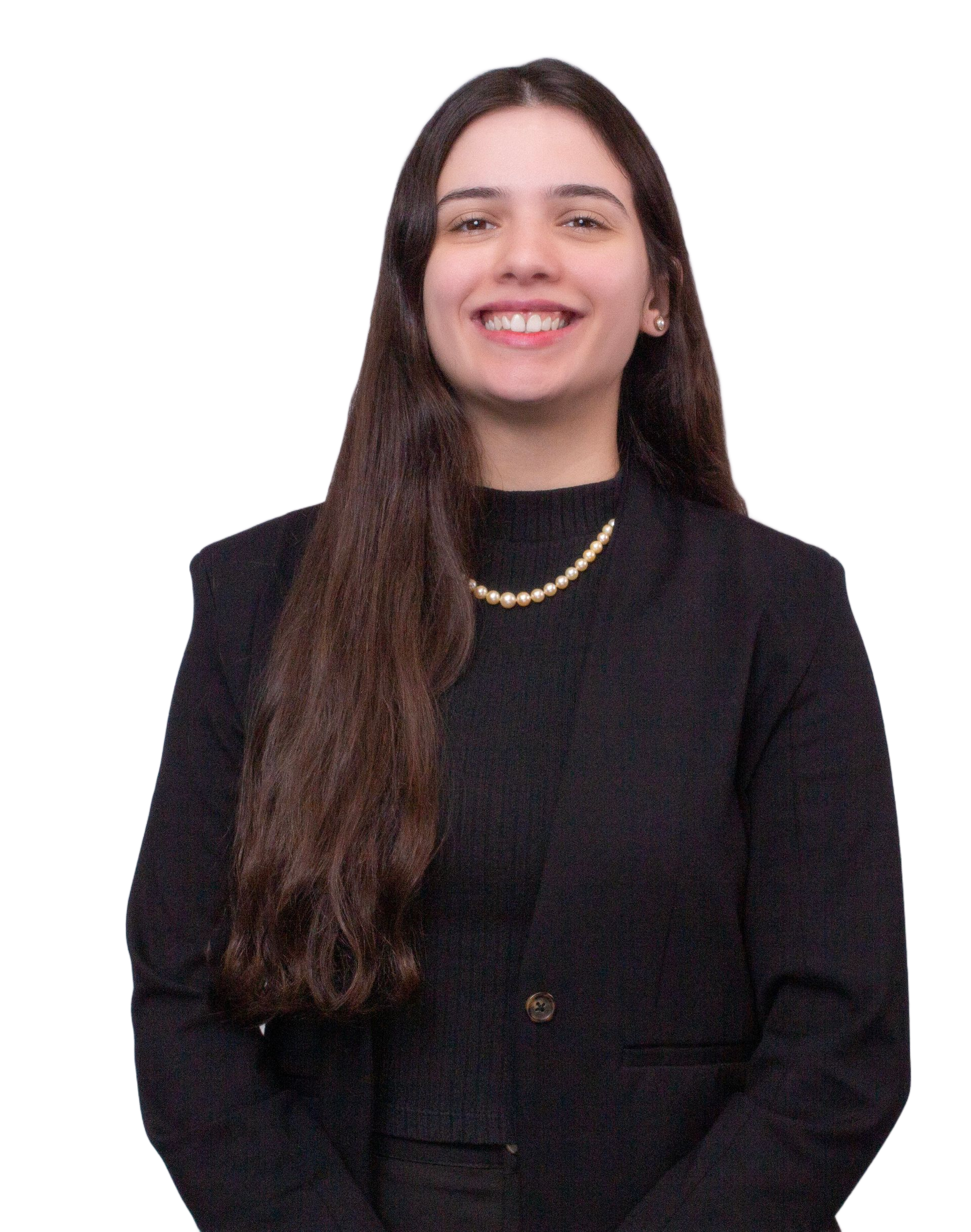 Woman with long brown hair, wearing a black blazer and gold necklace, smiling.