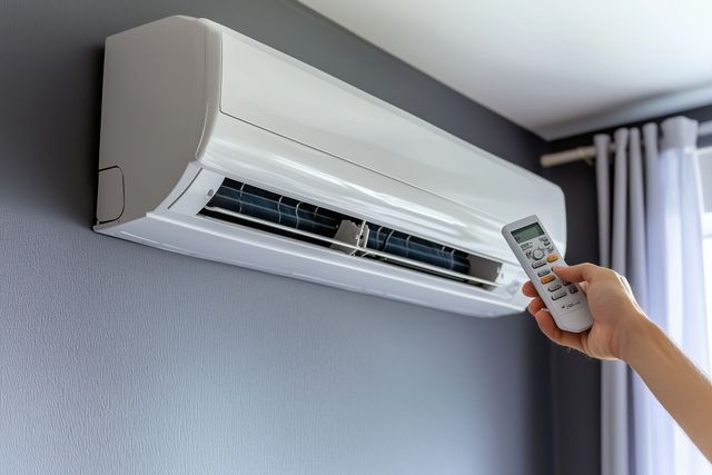 Hand holding remote pointed at a wall-mounted air conditioner in a room
