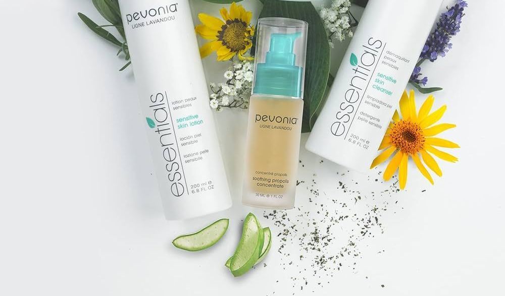 Skincare products with flowers and aloe vera on a white background.