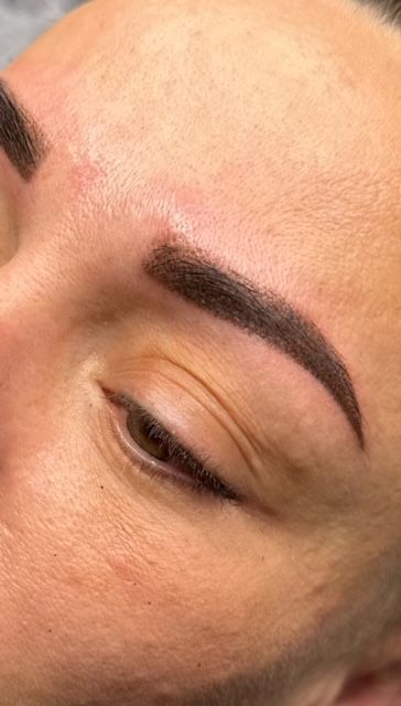 Close-up of a person's eye and eyebrow; the brow is dark, and skin is lightly tanned.