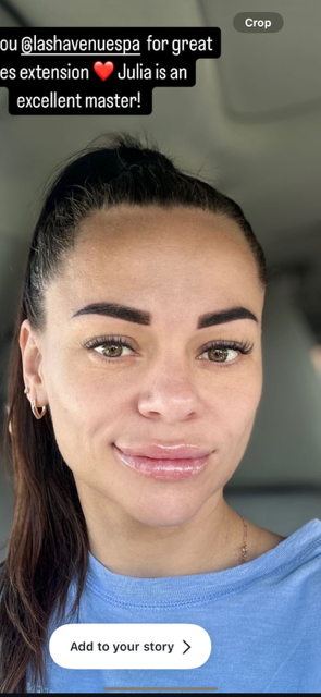 Woman with dark hair in a ponytail and full lips, advertising eyelash extensions. Text overlay promoting a service.
