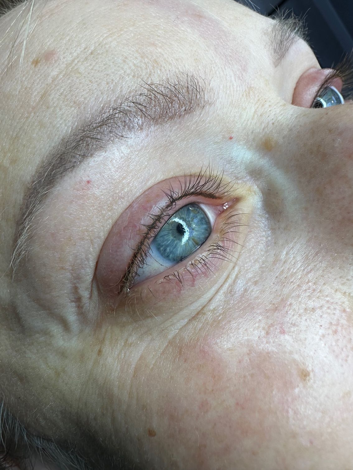 Close-up of a person's eye with tattooed eyeliner and eyebrow, light blue eye color.