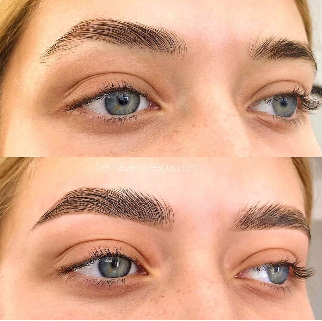 Two eyebrows before and after cosmetic treatment, enhancing shape and fullness.