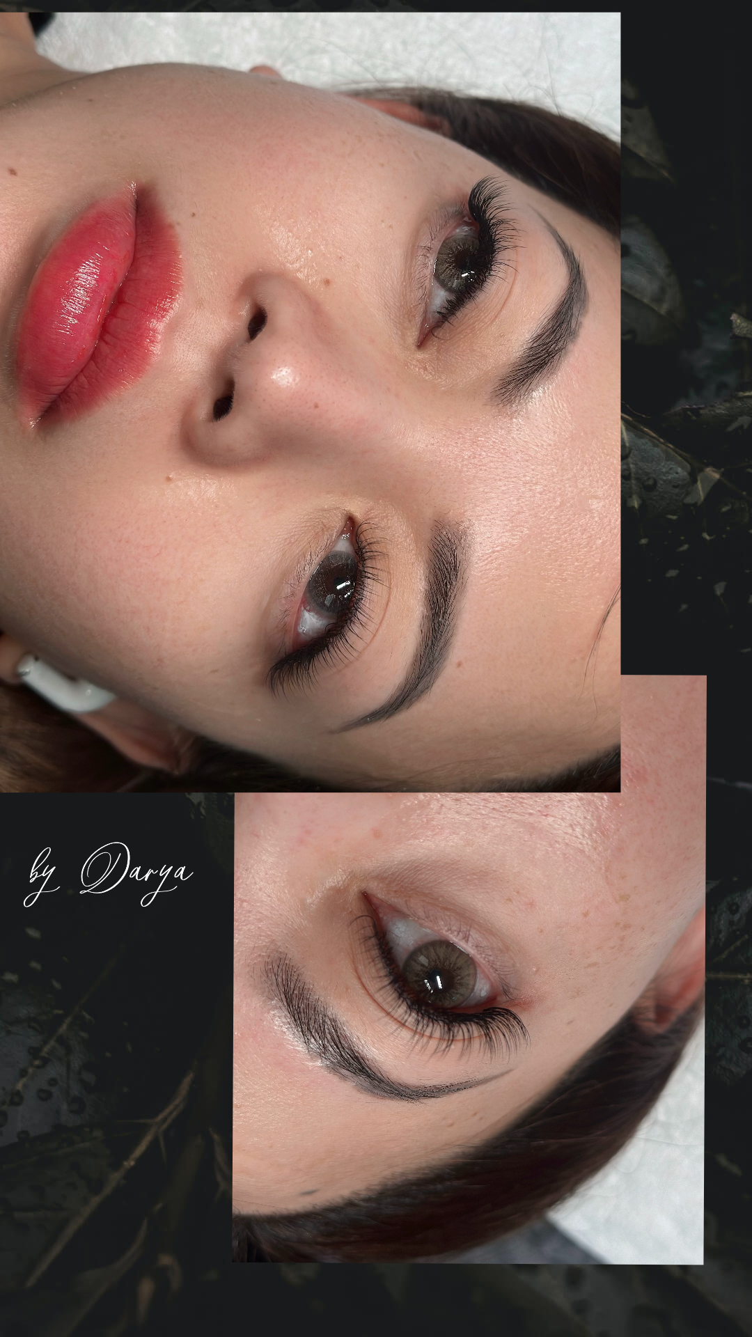 Close-up view of a person's face with cosmetic enhancements: lips are red, eyebrows and eyeliner are defined.