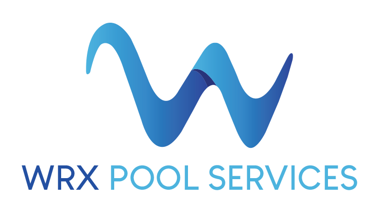 A logo for wrx pool services with a blue w on a white background.