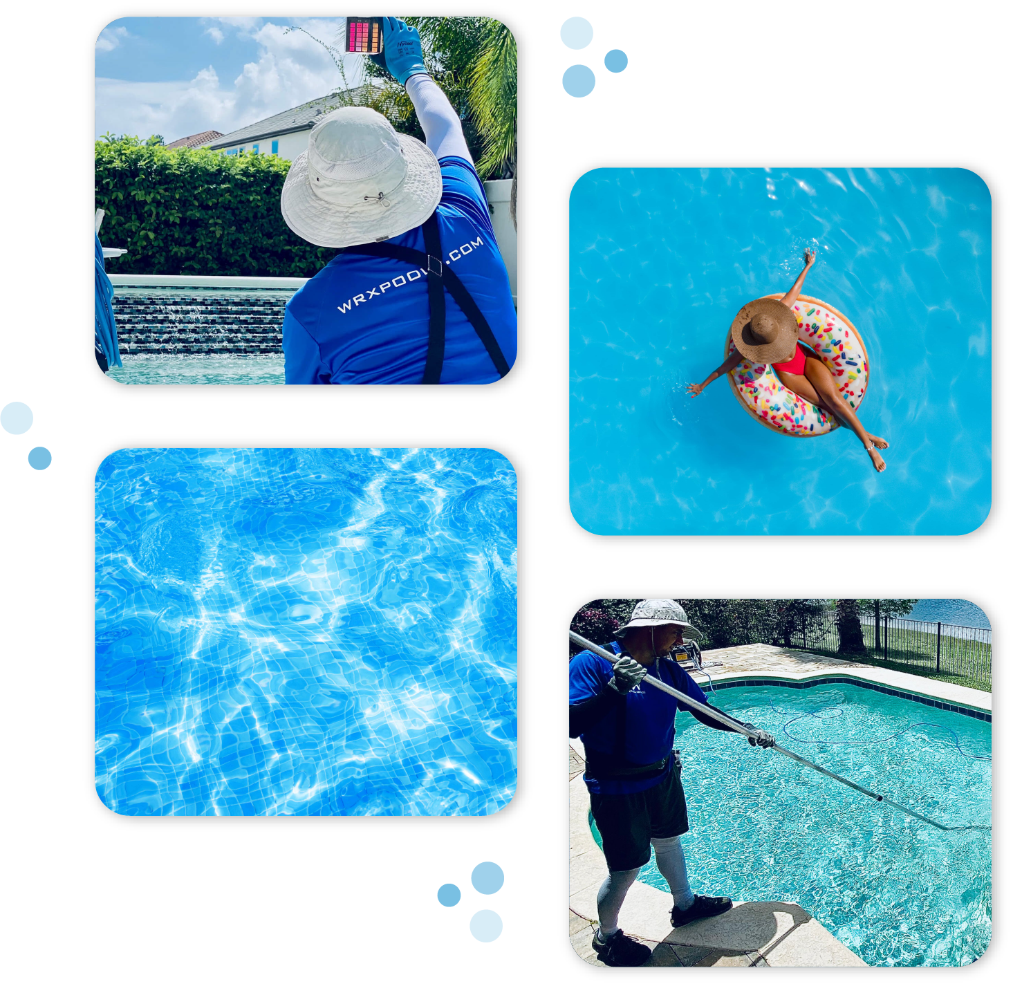 A man is cleaning a swimming pool with a vacuum cleaner.