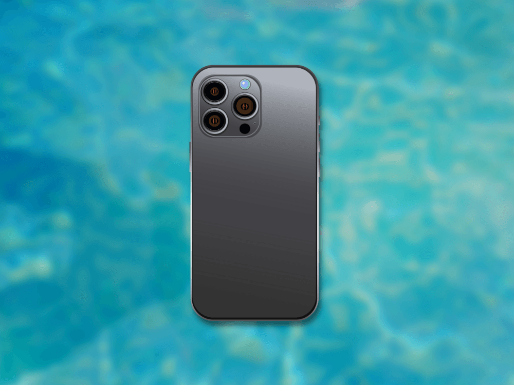 A cell phone is sitting on top of a pool of water.