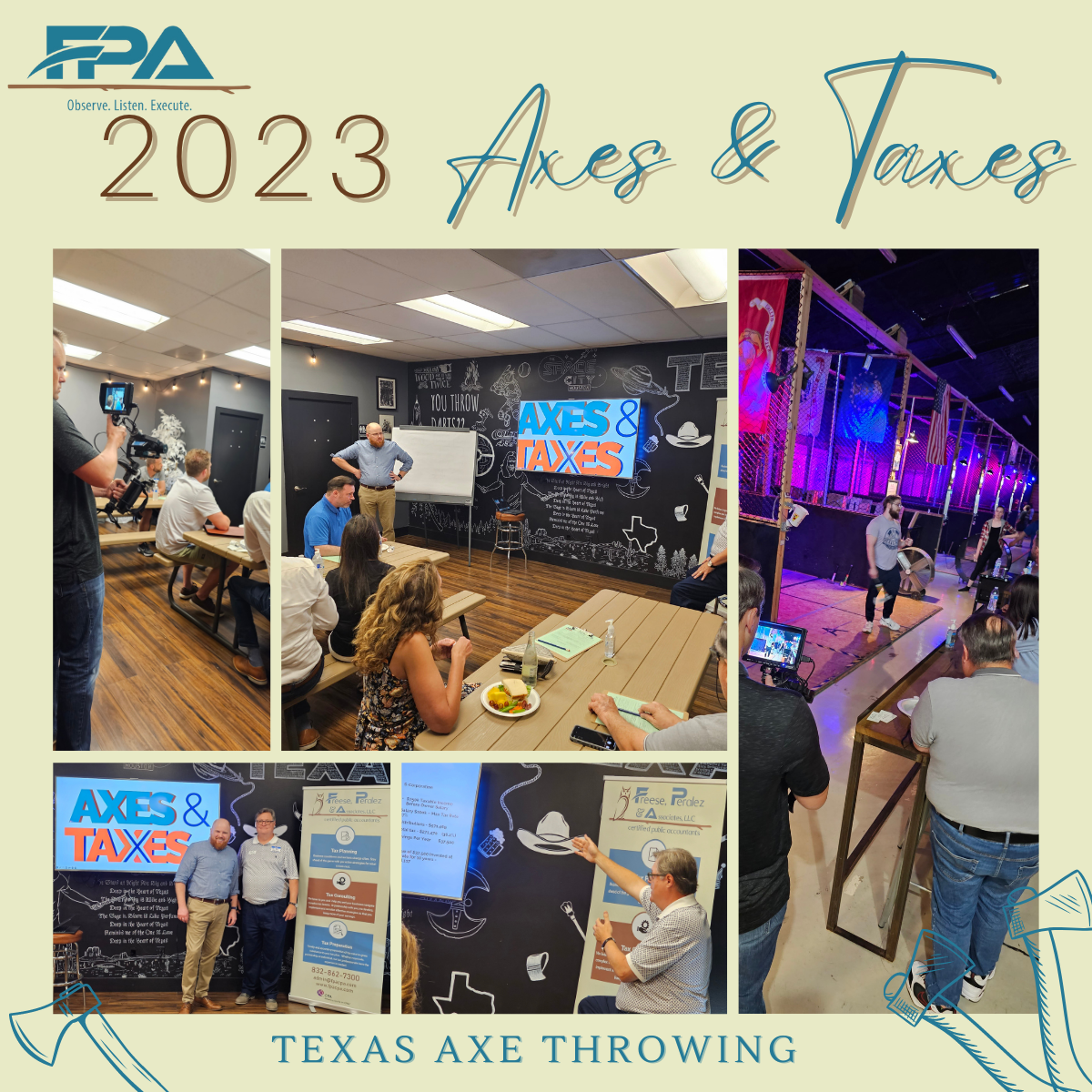 2023 Axes & Taxes event collage showing Texas axe throwing, demos, and attendees indoors
